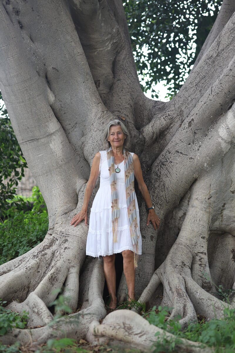Joanna M.H Dubois, writer, standing next to her favourite tree.